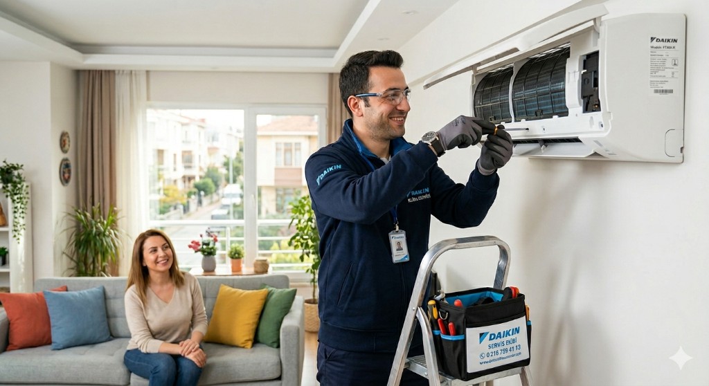 Daikin klima servisi: Daikin Yetkili Servisi teknisyeni duvar tipi iç ünite bakımı yapıyor