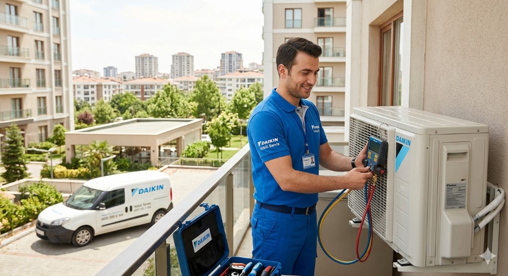 Daikin yetkili servis: Daikin Yetkili Servisi teknisyeni balkonda dış ünite klima bakımı yapıyor